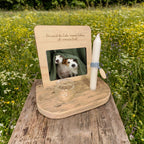 Erinnerungsstation: Holzbase mit Fotorahmen, Kerze und Glas für Erinnerungen (Kopie)